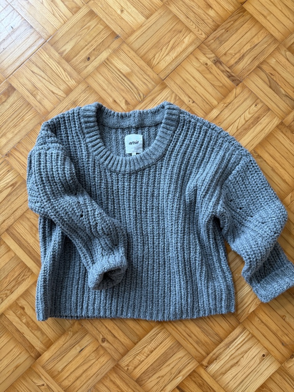 aerie Chunky Gray Ribbed Crewneck Sweater